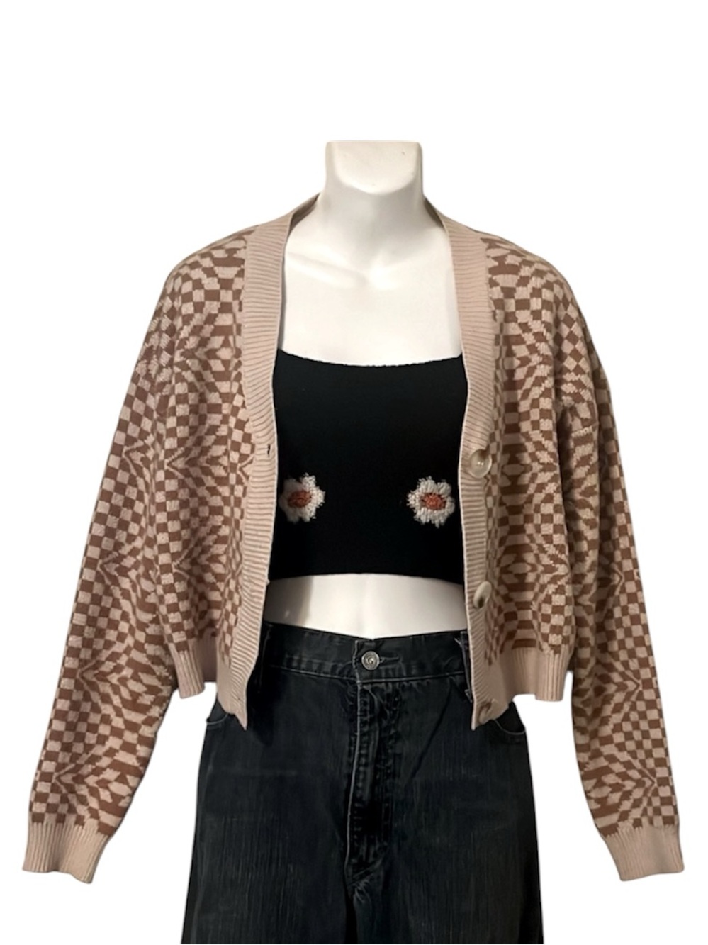 Debut Womens Brown Cream Abstract Checker Board V Neck Cropped Cardigan Sweater